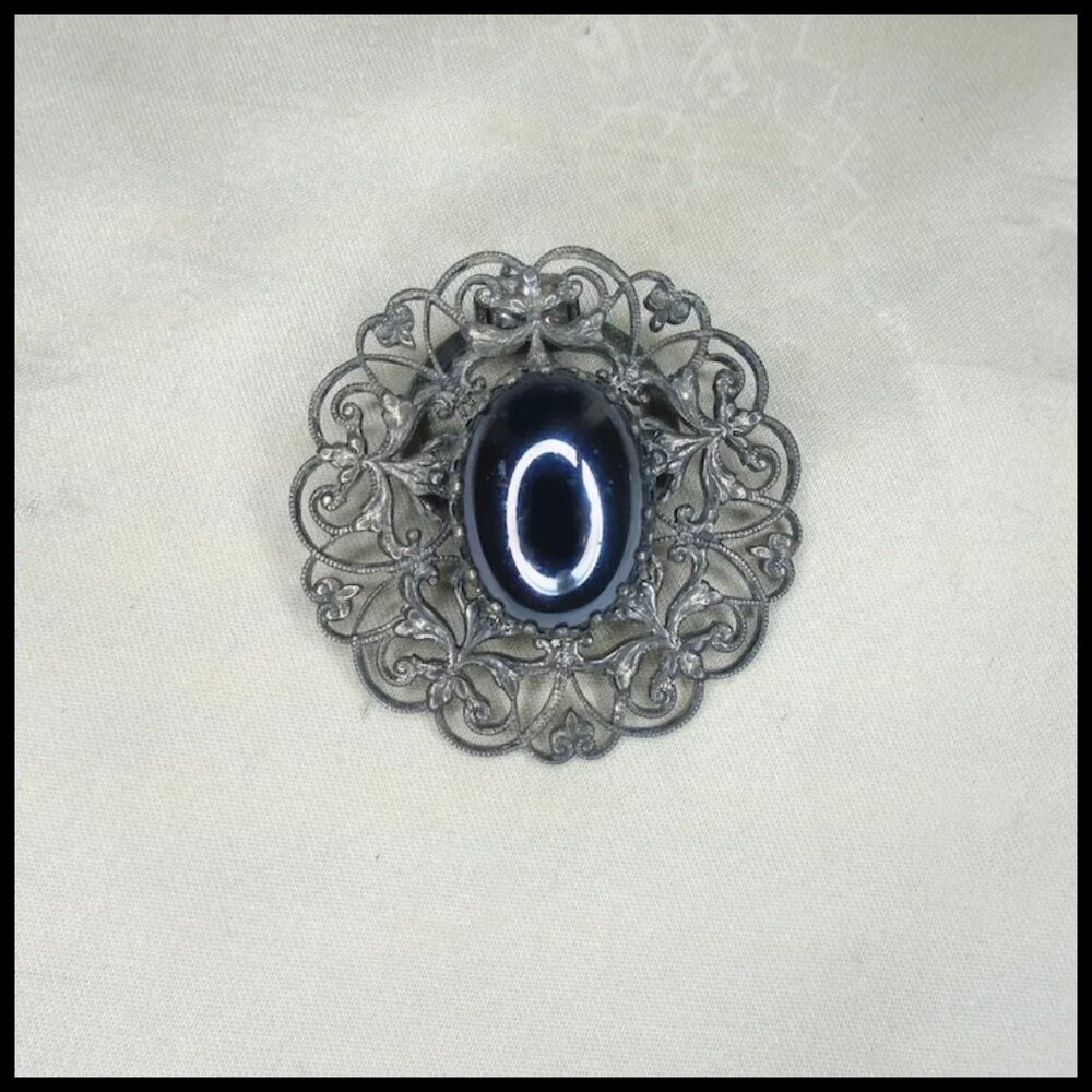 Vintage Scarf Clip Dark Silvertone Filigree Dress Clip Hat Clip - Picture 2 of 10